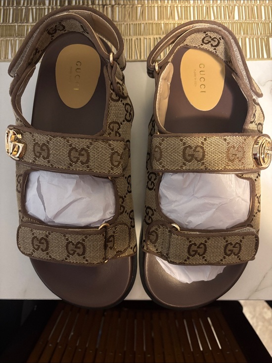 Gucci Other - Gucci Beige Brown GG Canvas Logo Strap Sandals with Gold Hardware
